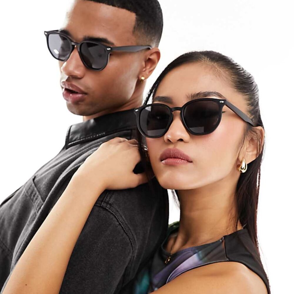 Sleek black wayfarer sunglasses with dark lenses